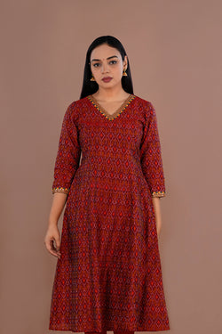 Image of Maroon Pochampally Silk Ikat kurti