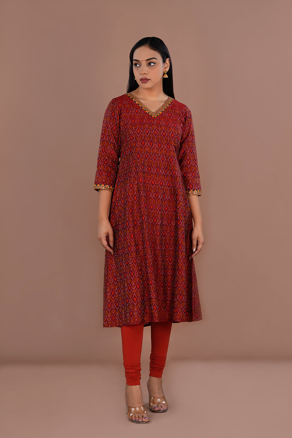 Image of Maroon Pochampally Silk Ikat kurti