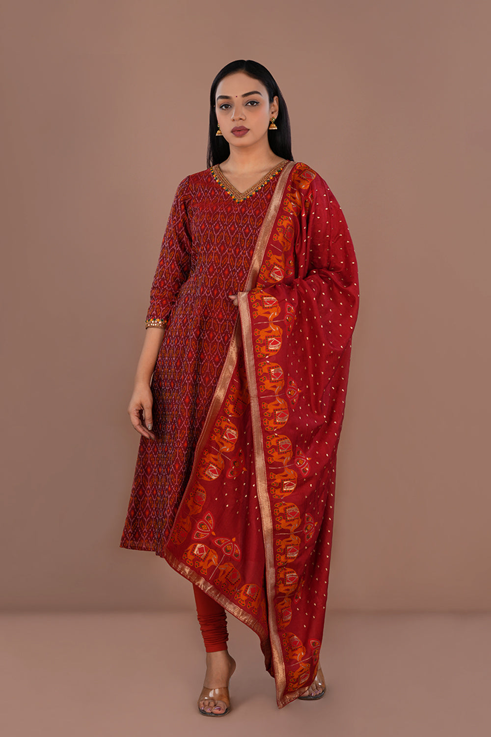 Image of Maroon Pochampally Silk Ikat kurti