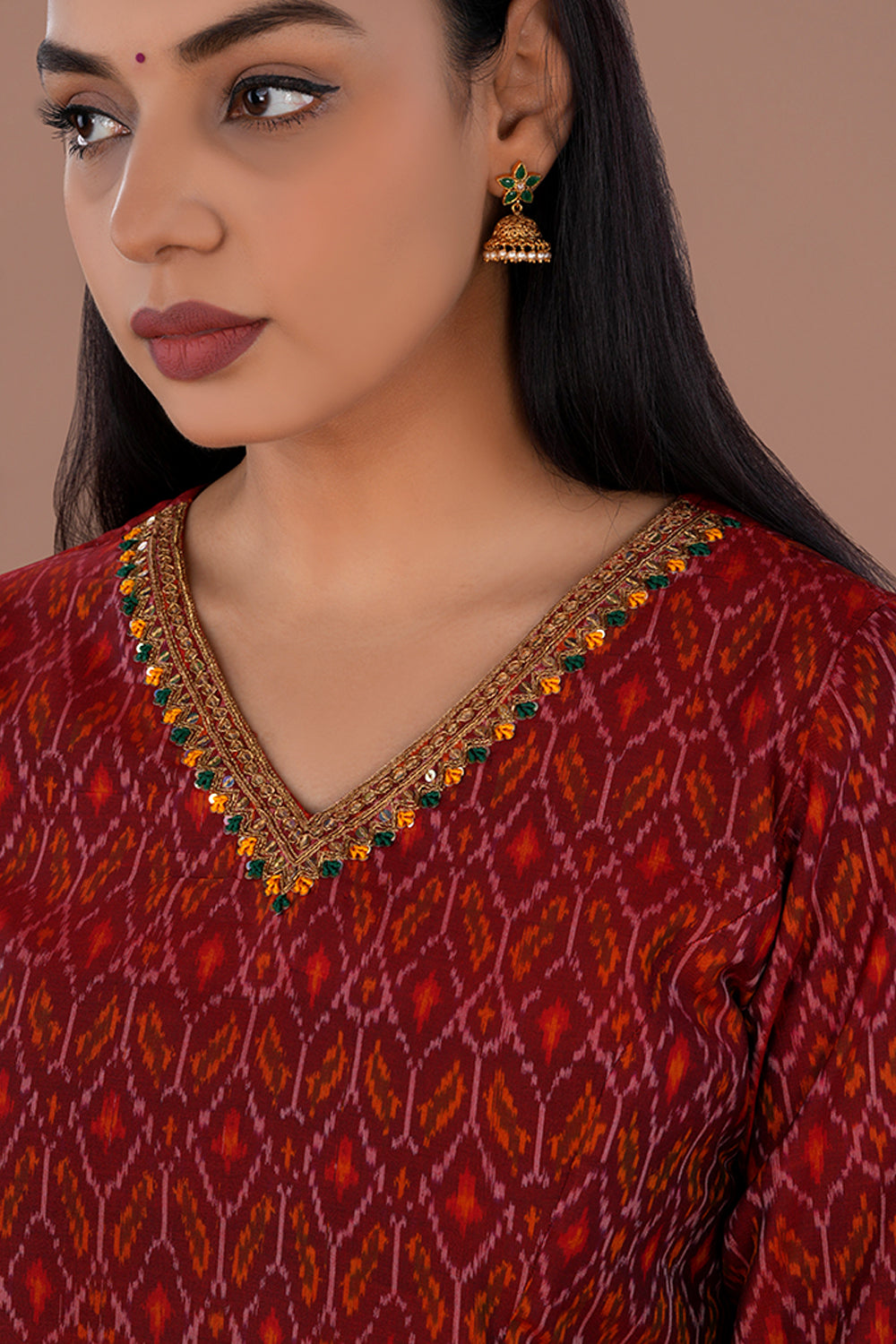 Image of Maroon Pochampally Silk Ikat kurti