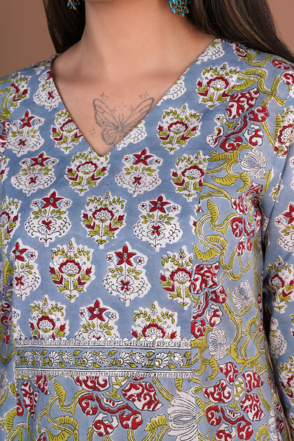 Grey floral block printed cotton kurta and pants set.