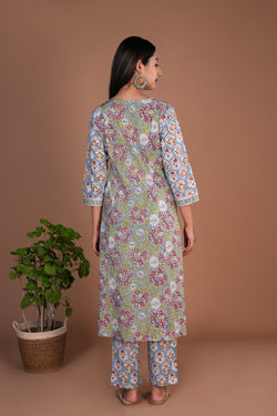 Image of Grey floral block printed cotton kurta and pants set.