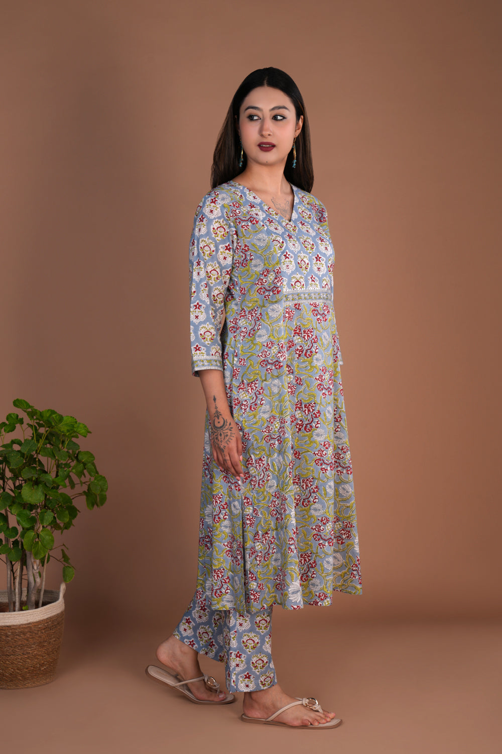 Grey floral block printed cotton kurta and pants set.