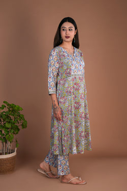 Image of Grey floral block printed cotton kurta and pants set.