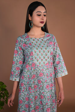 Image of Mint blue floral hand block printed cotton kurta and pants set.