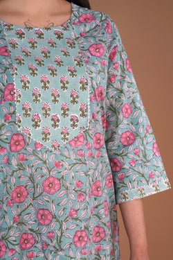 Image of Mint blue floral hand block printed cotton kurta and pants set.