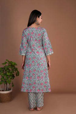 Image of Mint blue floral hand block printed cotton kurta and pants set.