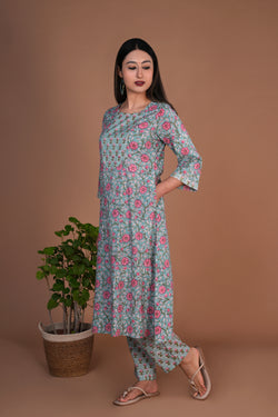 Image of Mint blue floral hand block printed cotton kurta and pants set.