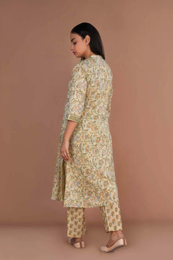 Image of Beige hand block printed cotton kurta and pants set.