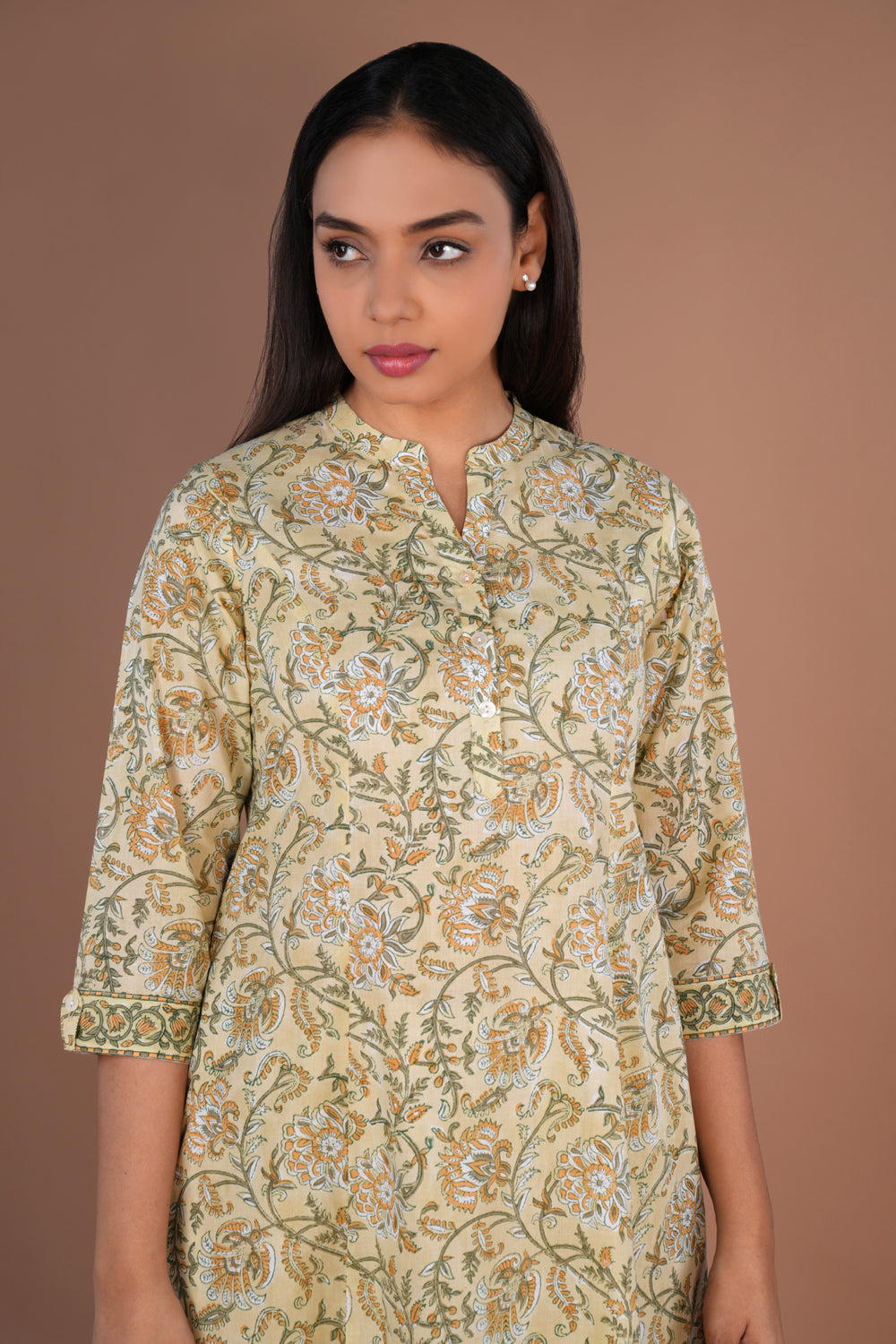 Beige hand block printed cotton kurta and pants set.