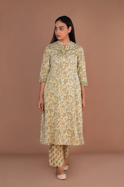 Image of Beige hand block printed cotton kurta and pants set.