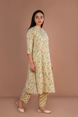 Image of Beige hand block printed cotton kurta and pants set.