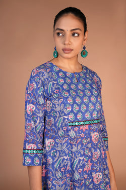 Image of Floral block printed kurta, pants and dupatta set