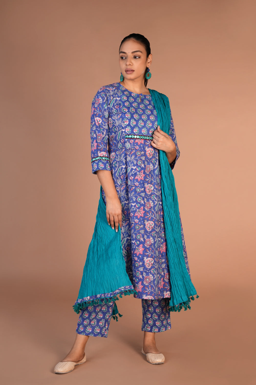 Floral block printed kurta, pants and dupatta set