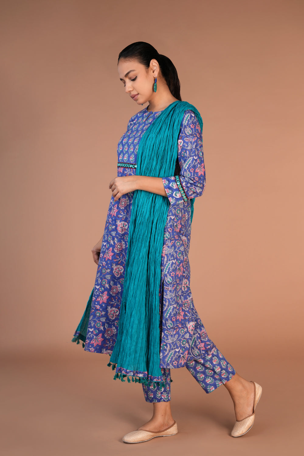 Floral block printed kurta, pants and dupatta set