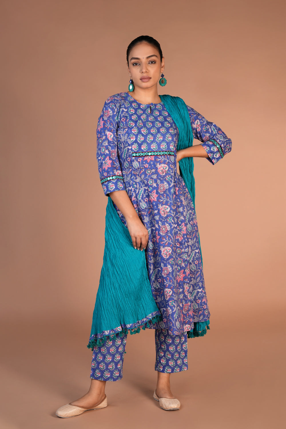 Floral block printed kurta, pants and dupatta set