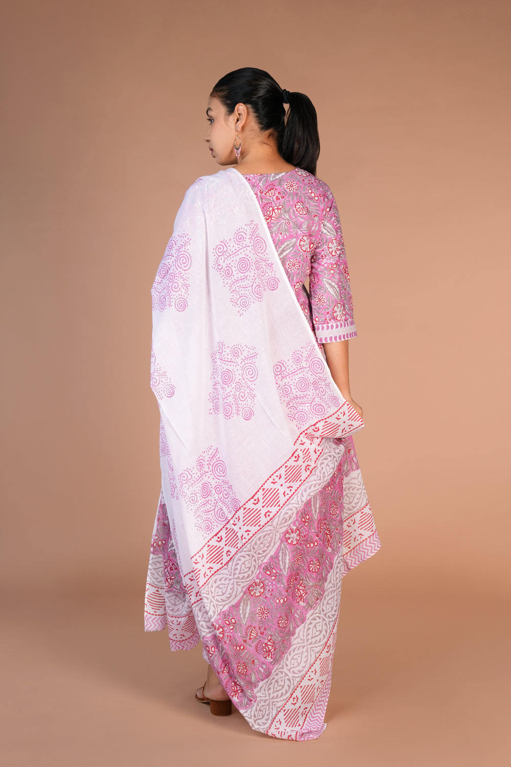 Cotton handblock printed kurta , pants and dupatta set