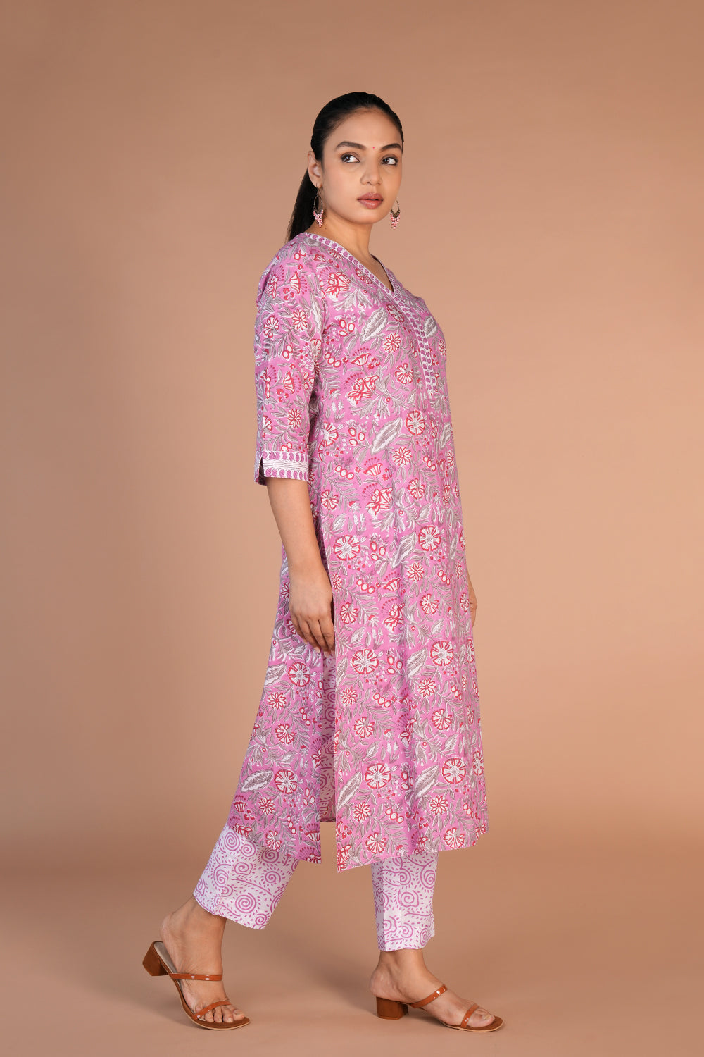 Cotton handblock printed kurta , pants and dupatta set