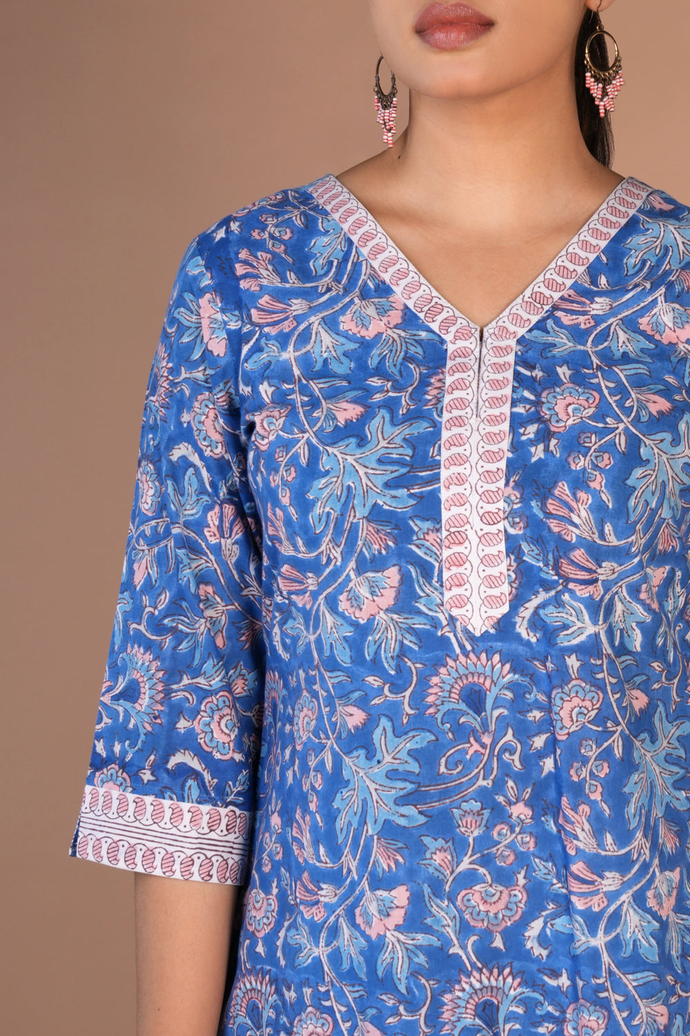 Image of Cotton blue handblock printed kurta , pants and dupatta set