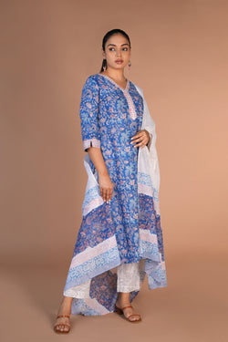 Image of Cotton handblock printed kurta , pants and dupatta set