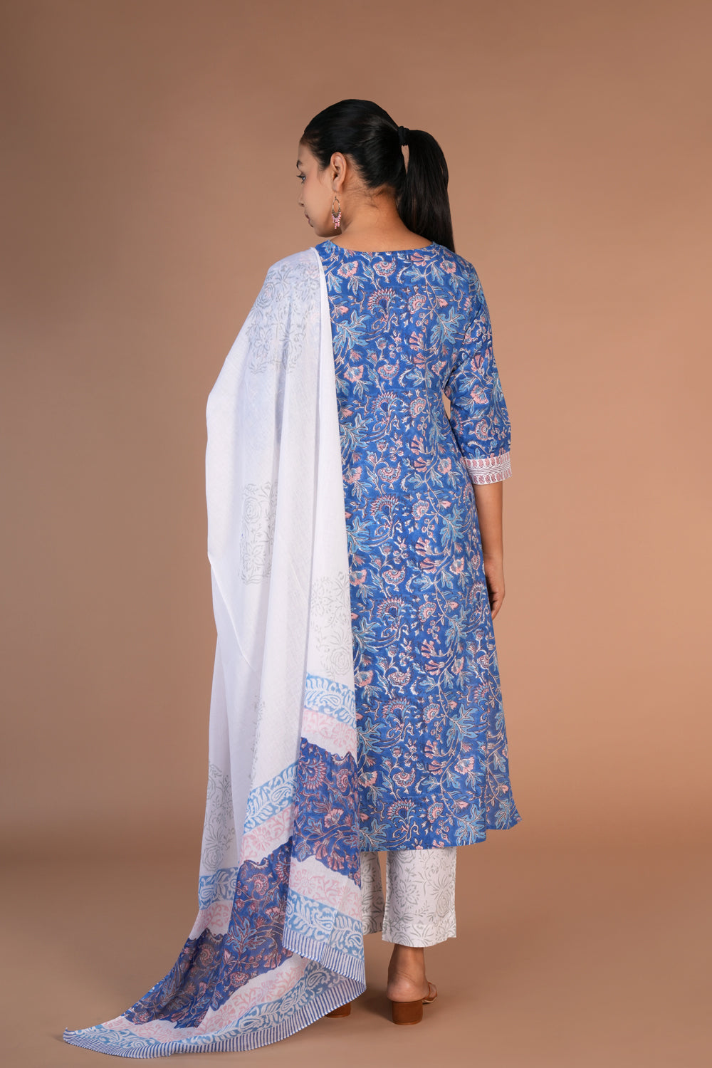 Image of Cotton blue handblock printed kurta , pants and dupatta set