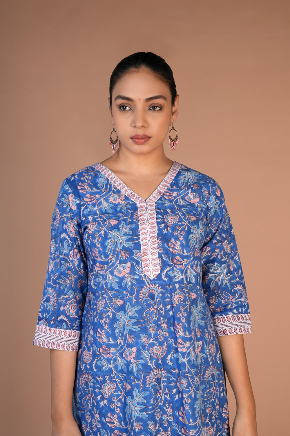 Image of Cotton blue handblock printed kurta , pants and dupatta set