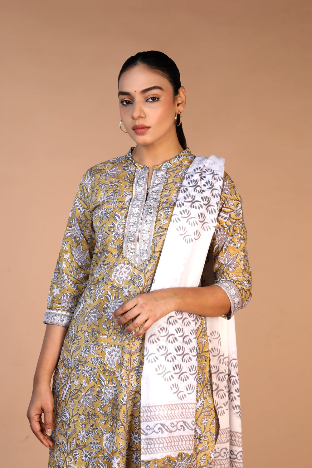 Image of Mustard yellow cotton handblock printed kurta , pants and dupatta set