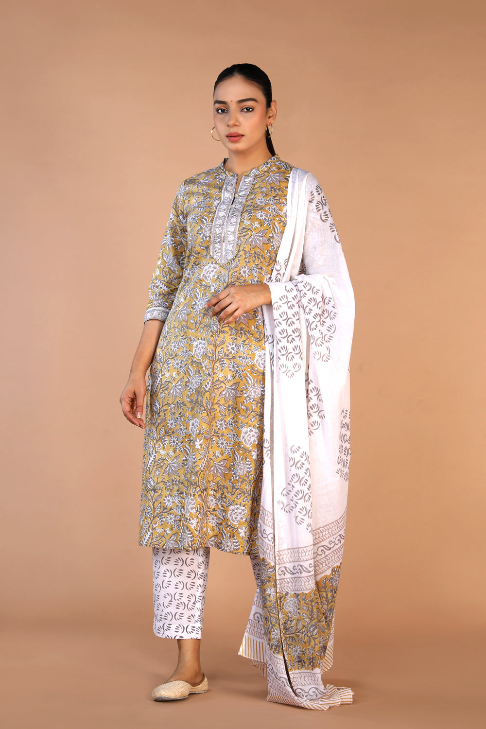 Mustard yellow cotton handblock printed kurta , pants and dupatta set