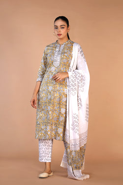 Image of Mustard yellow cotton handblock printed kurta , pants and dupatta set