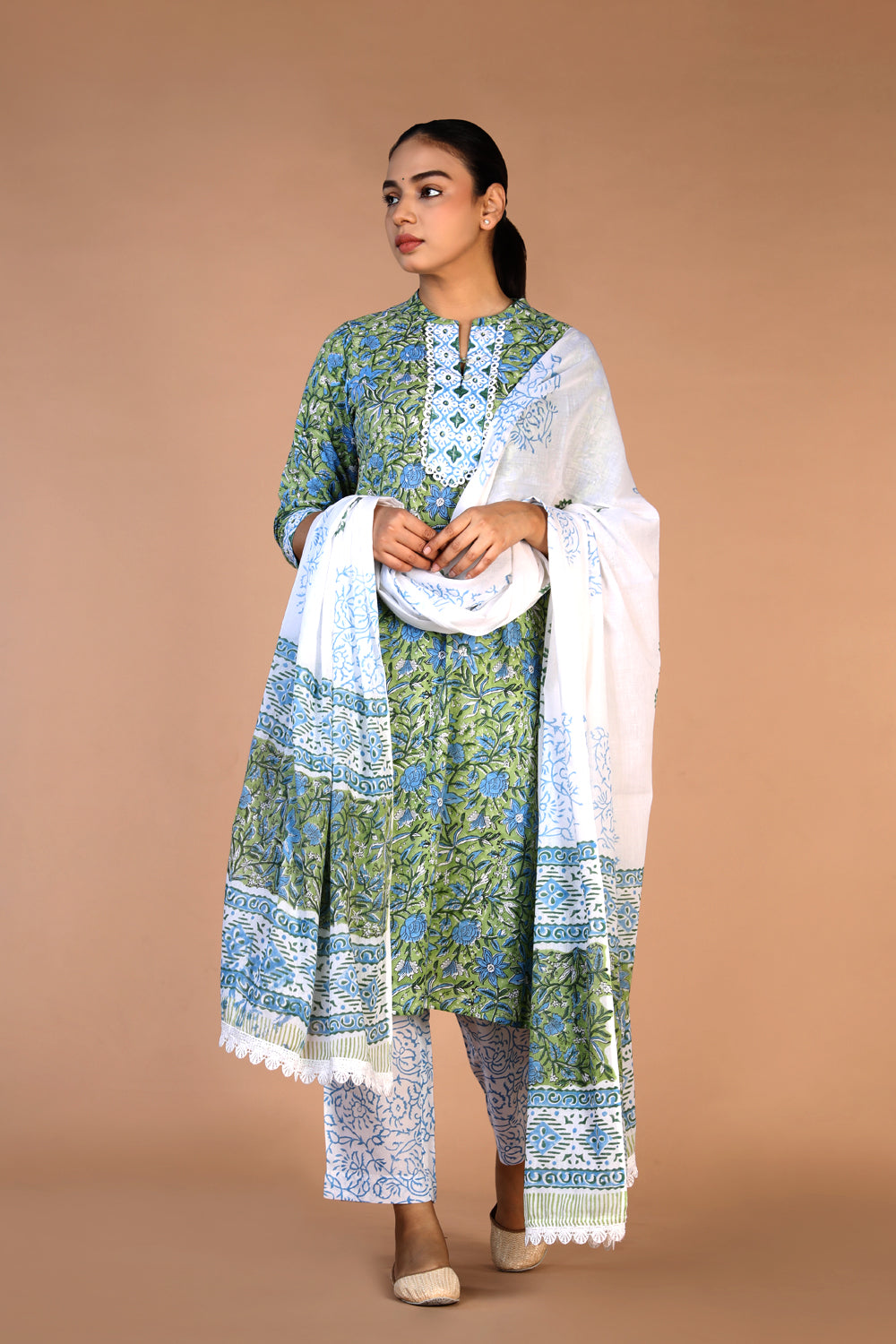 Leaf green cotton handblock printed kurta , pants and dupatta set