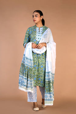 Image of Leaf green cotton handblock printed kurta , pants and dupatta set