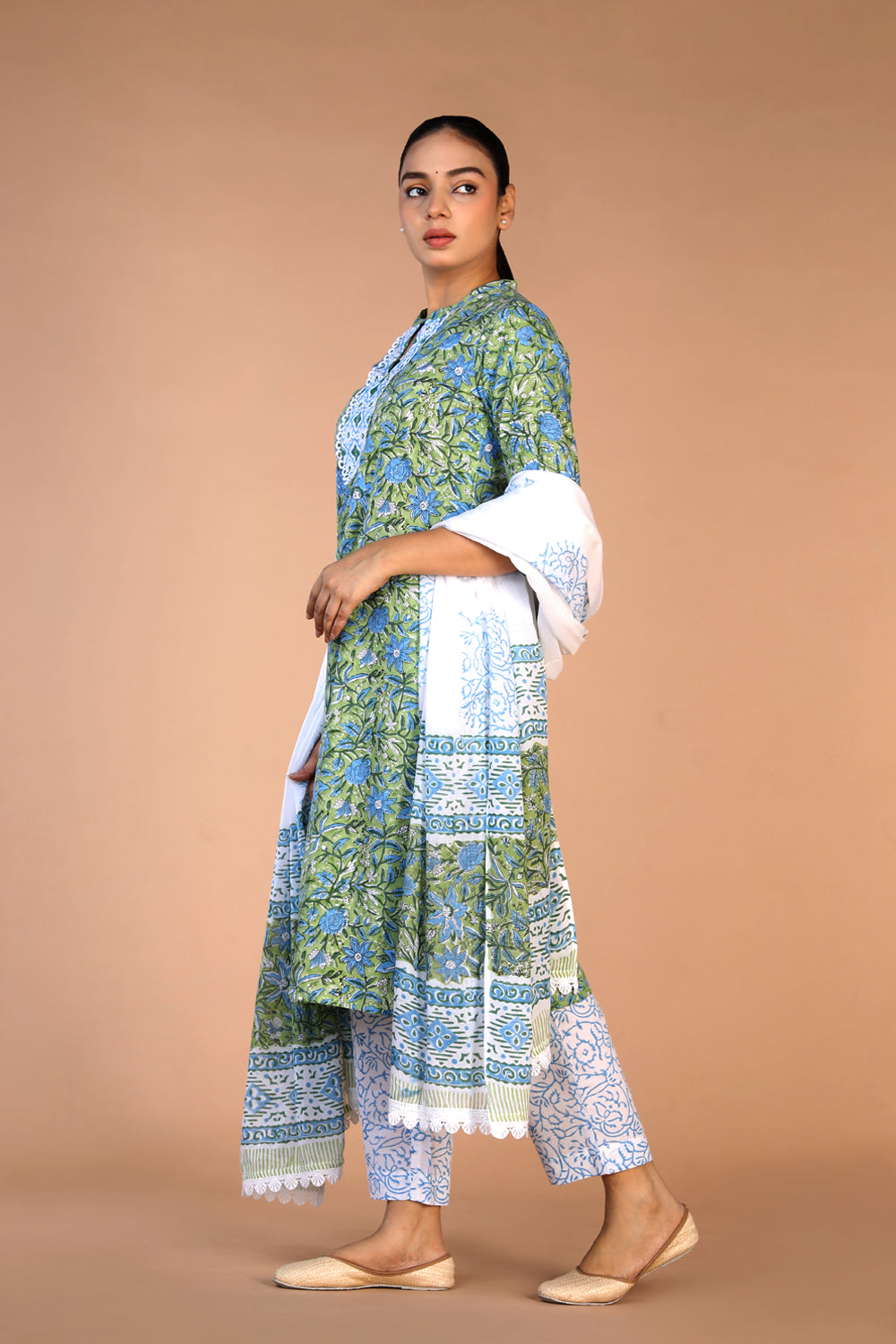 Leaf green cotton handblock printed kurta , pants and dupatta set