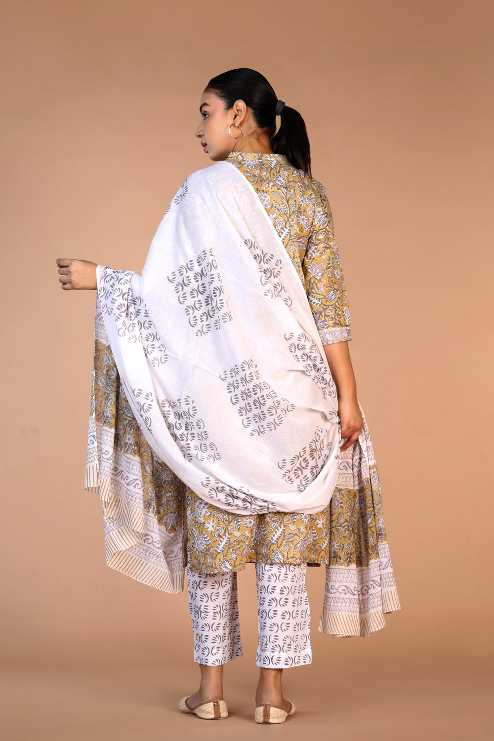 Mustard yellow cotton handblock printed kurta , pants and dupatta set