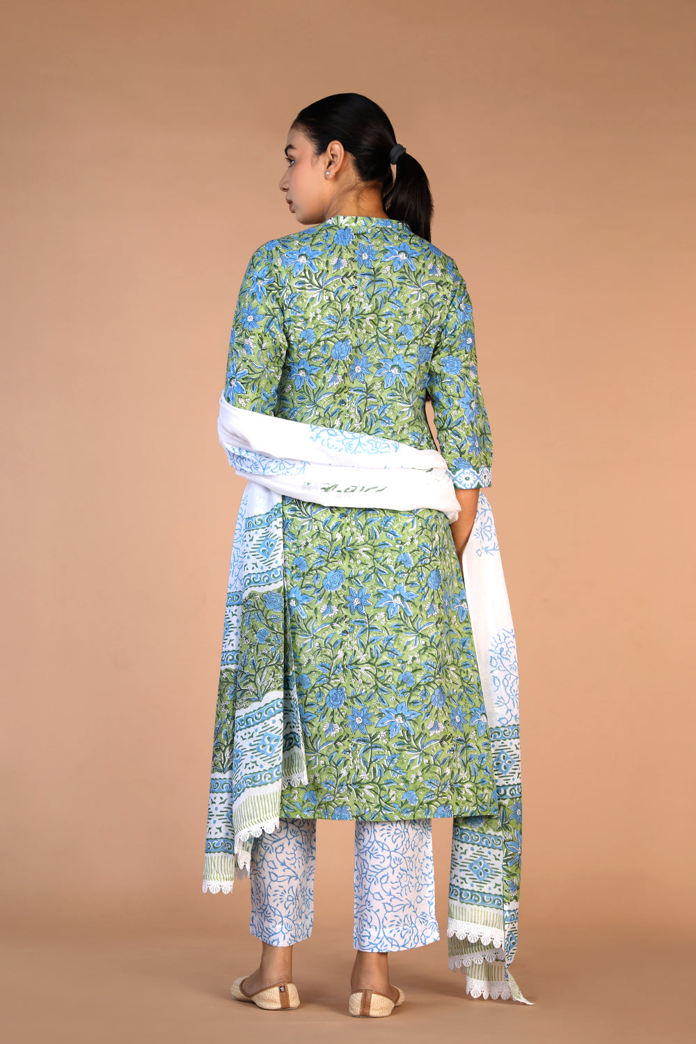 Leaf green cotton handblock printed kurta , pants and dupatta set