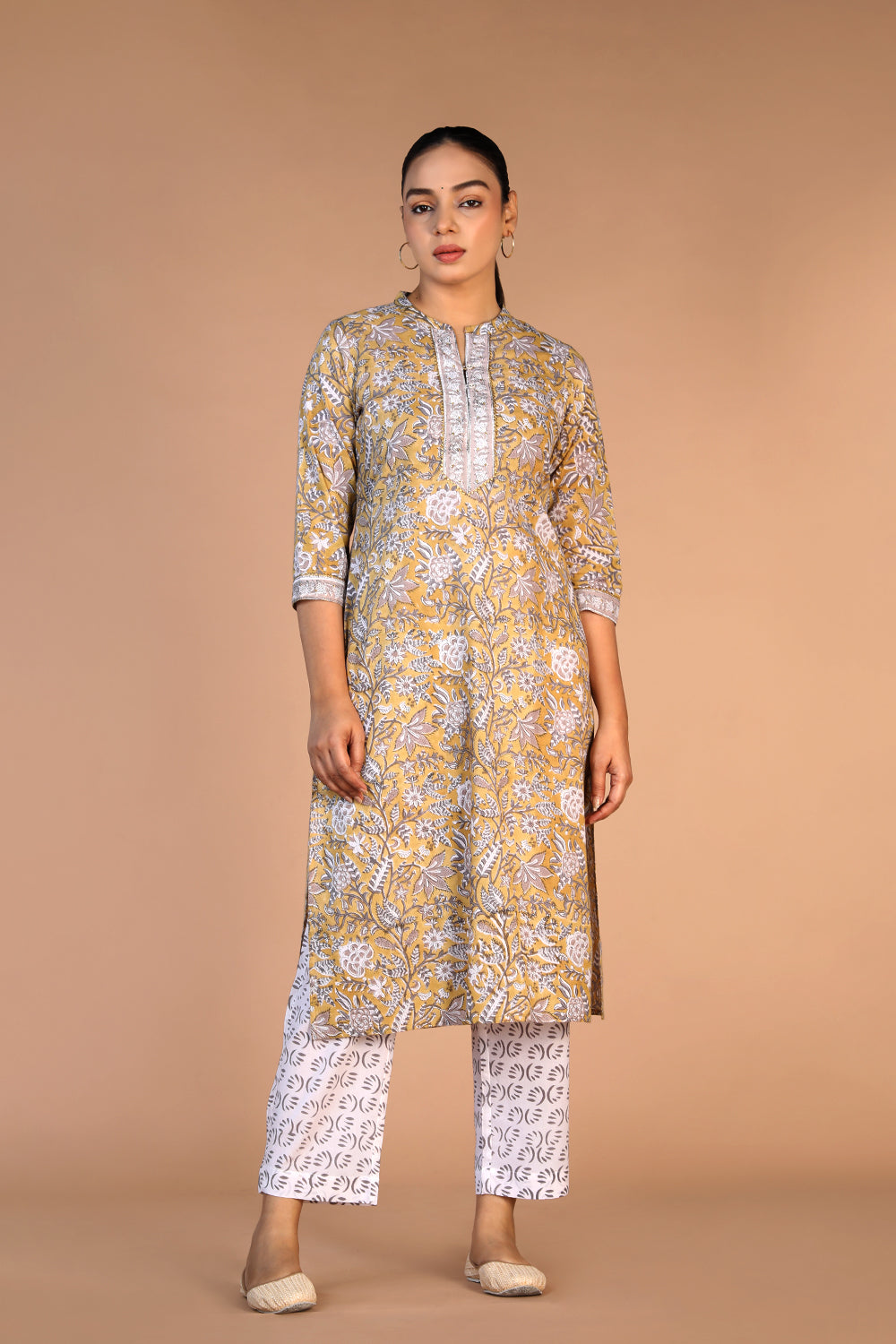 Mustard yellow cotton handblock printed kurta , pants and dupatta set