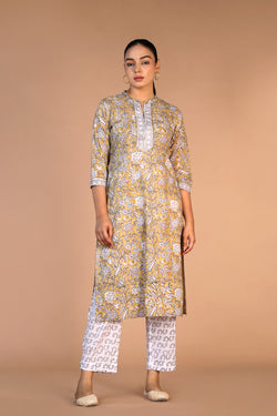 Image of Mustard yellow cotton handblock printed kurta , pants and dupatta set