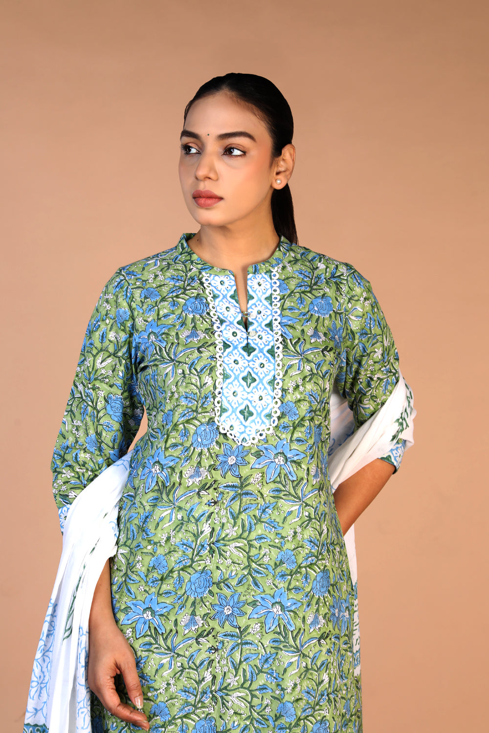 Leaf green cotton handblock printed kurta , pants and dupatta set