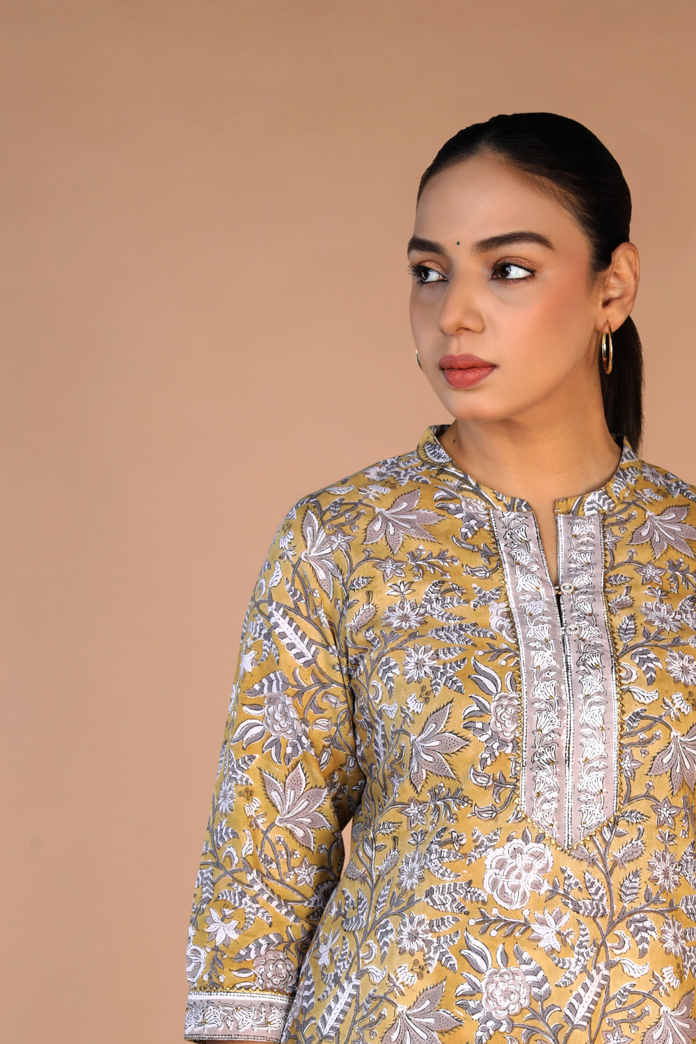 Mustard yellow cotton handblock printed kurta , pants and dupatta set