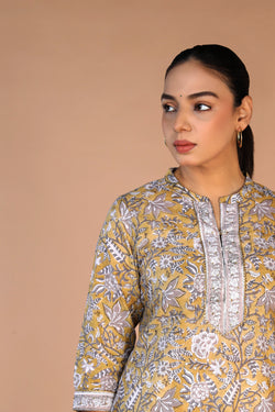 Image of Mustard yellow cotton handblock printed kurta , pants and dupatta set