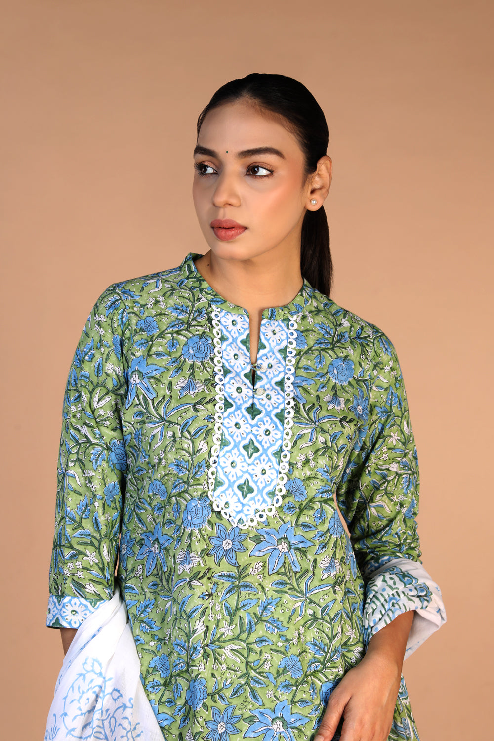 Leaf green cotton handblock printed kurta , pants and dupatta set