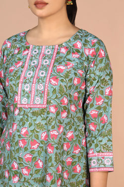 Image of Floral Sanganeri handblock printed cotton Kurti