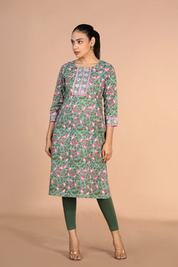 Image of Floral Sanganeri handblock printed cotton Kurti