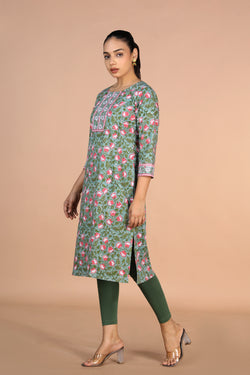 Image of Floral Sanganeri handblock printed cotton Kurti