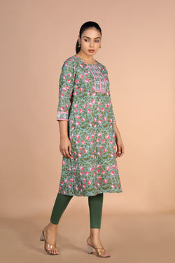 Image of Floral Sanganeri handblock printed cotton Kurti