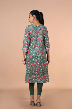 Image of Floral Sanganeri handblock printed cotton Kurti