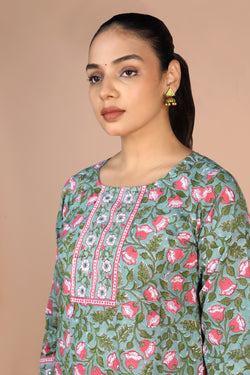 Image of Floral Sanganeri handblock printed cotton Kurti