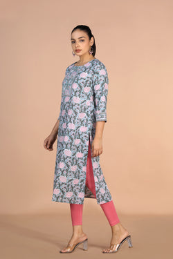 Image of Floral Sanganeri handblock printed cotton Kurti