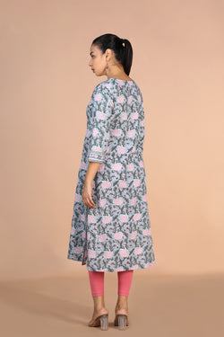 Image of Floral Sanganeri handblock printed cotton Kurti