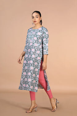 Image of Floral Sanganeri handblock printed cotton Kurti