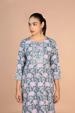 Image of Floral Sanganeri handblock printed cotton Kurti